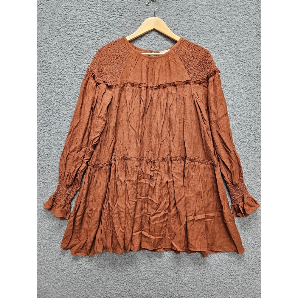 Moon River Tunic Dress Medium Rust Brown Boho Crochet Tiered Ruffle Smocked Boho